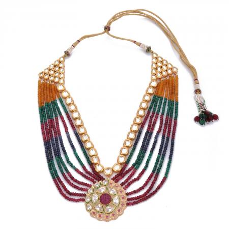 Designer Center Piece Hand Woven In Tri Colored Beads Necklace Set