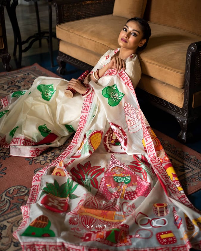 Bengali Saree Red and White | Pure Cotton Silk Saree With Red White Garad  Silk