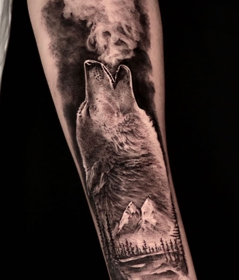 Black and white wolf head by Chris Garcia from Red 5 VA beach  rtattoos