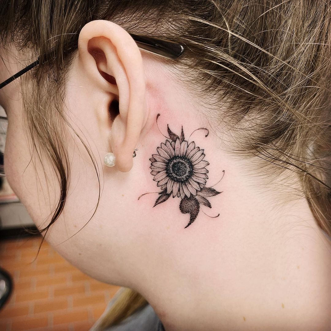 TATTOO IDEAS small fine line sunflower behind ear tattoo black and grey  Behind  ear tattoos Small tattoos Sunflower tattoo small